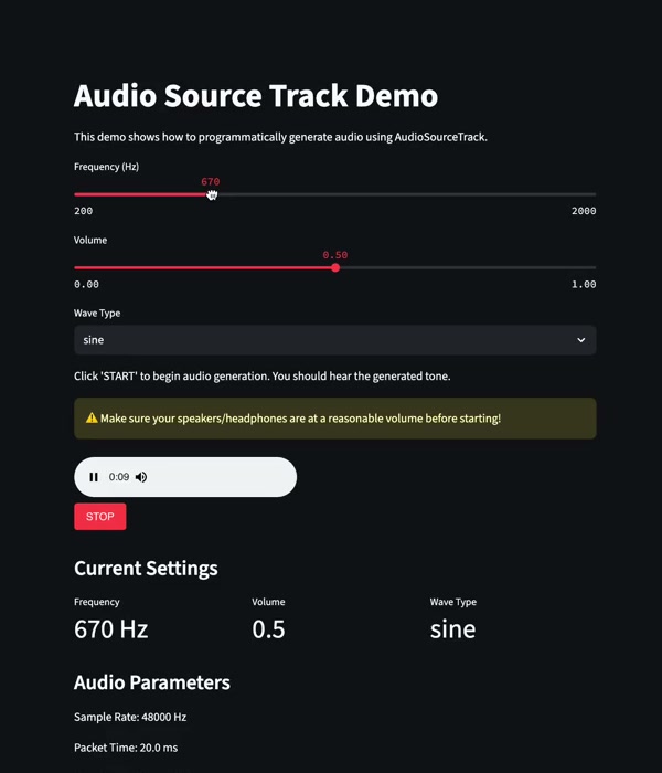 A running programmable audio source with frequency, volume, and waveform controls